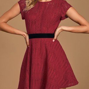 Twirling It Burgundy Crochet Lace Short Sleeve Skater Dress